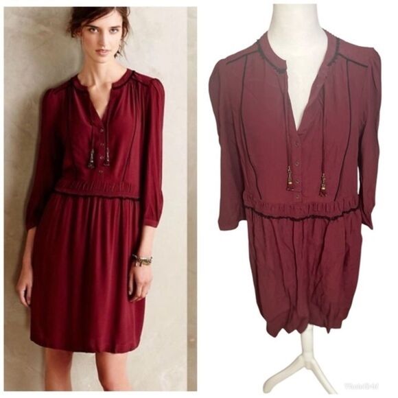 Anthropologie Maeve Boho Burgundy Galan Tassel Shirt Dress large - Picture 1 of 14